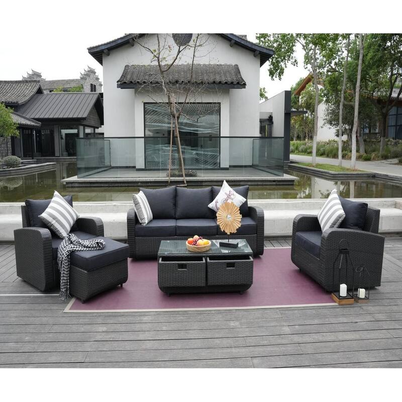 5-piece Wicker Patio Chat Set with Drawer Table