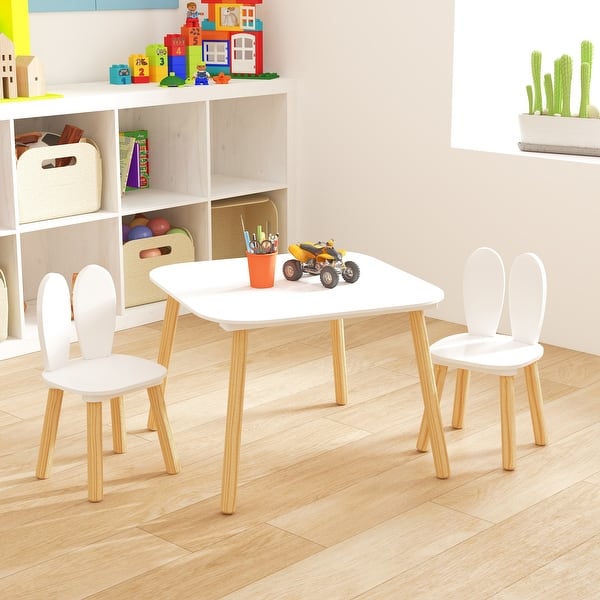 slide 2 of 16, Kids Table and 2 Chairs Set,3 Pieces Rabbit Themed Toddler Table and Chair Set,Children Activity Play Table Set Solid Wood Legs White