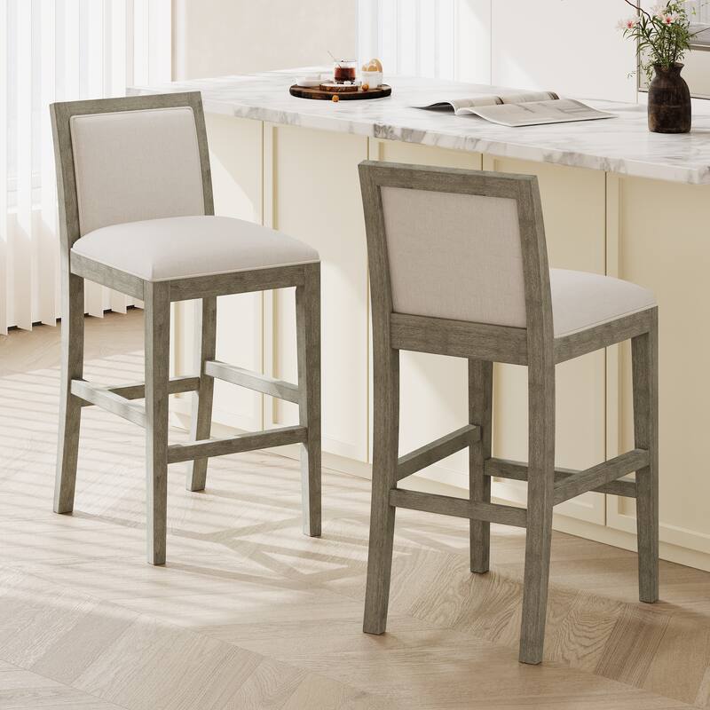 Roomfitters Retro Bar Stools, Set of 2 Upholstered 30.5" Bar Height Chairs with Fabric Cushion and Wood Frame - Beige+Grey