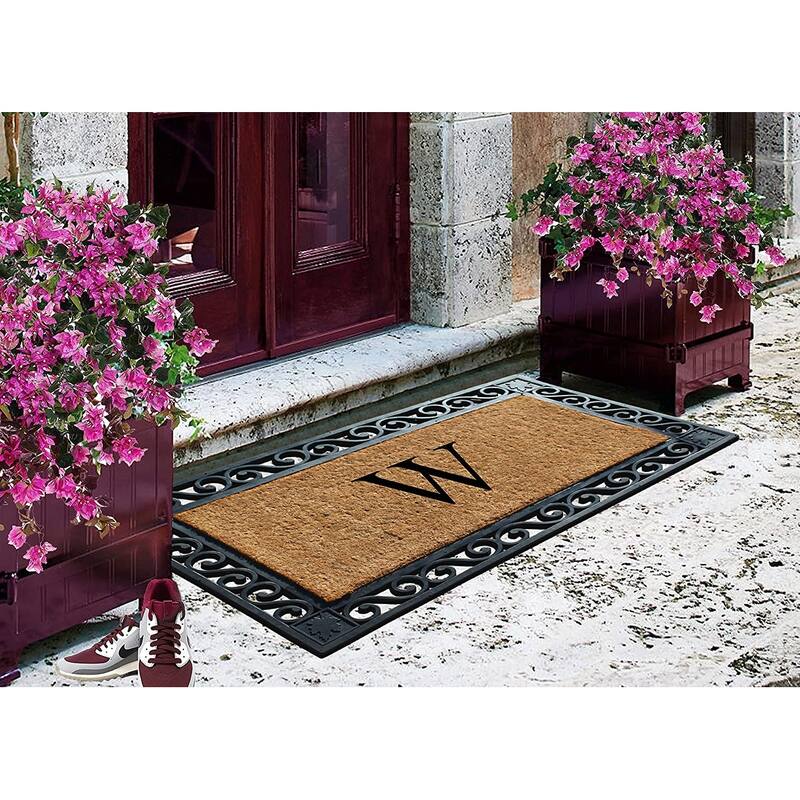 A1HC Rubber and Coir Maple Leaf, Heavy Weight Durable Monogrammed Doormat, 23"X38" Black