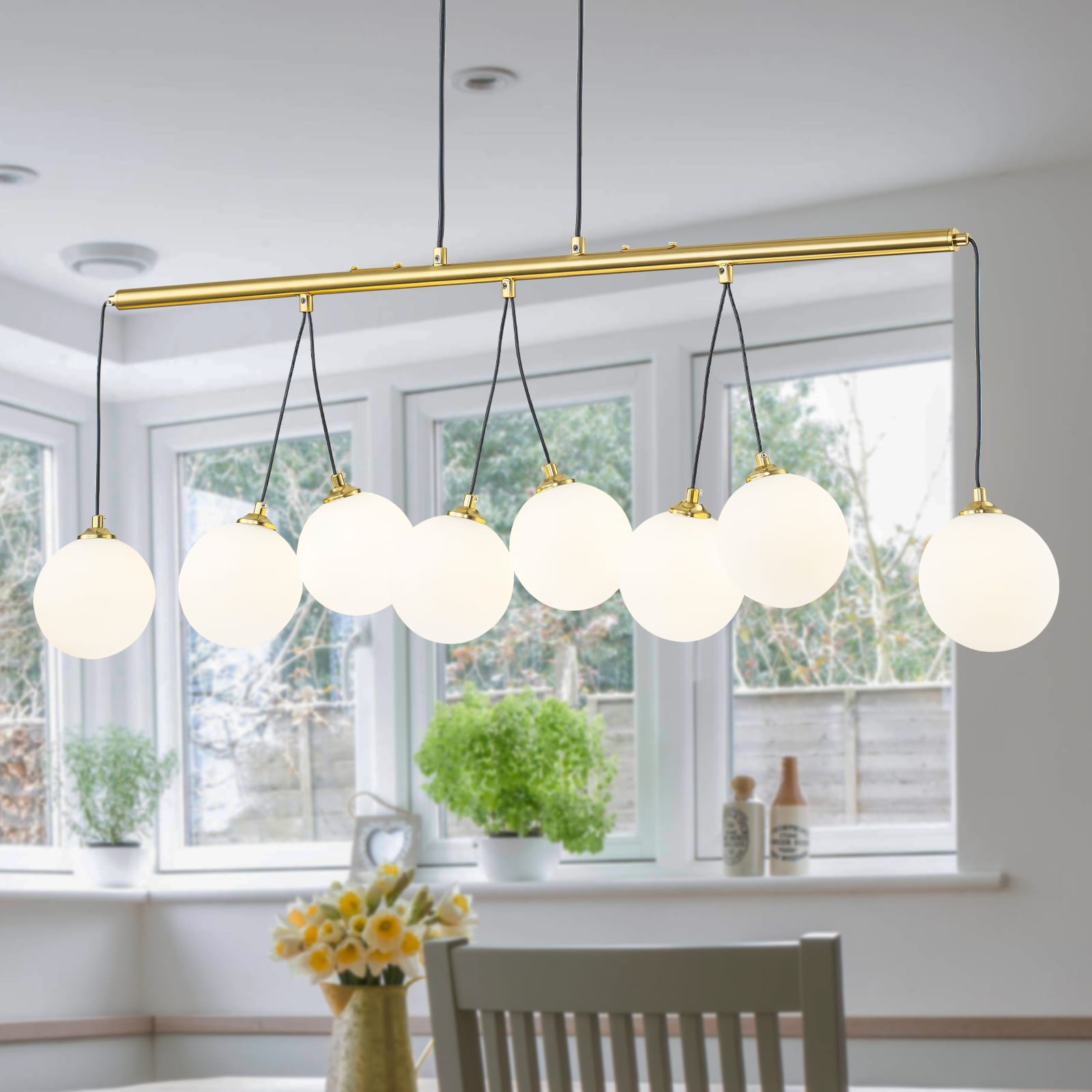 8-Light Gold Linear Kitchen Island Pendant Light Frosted Glass Globes - Dia.39.37-in