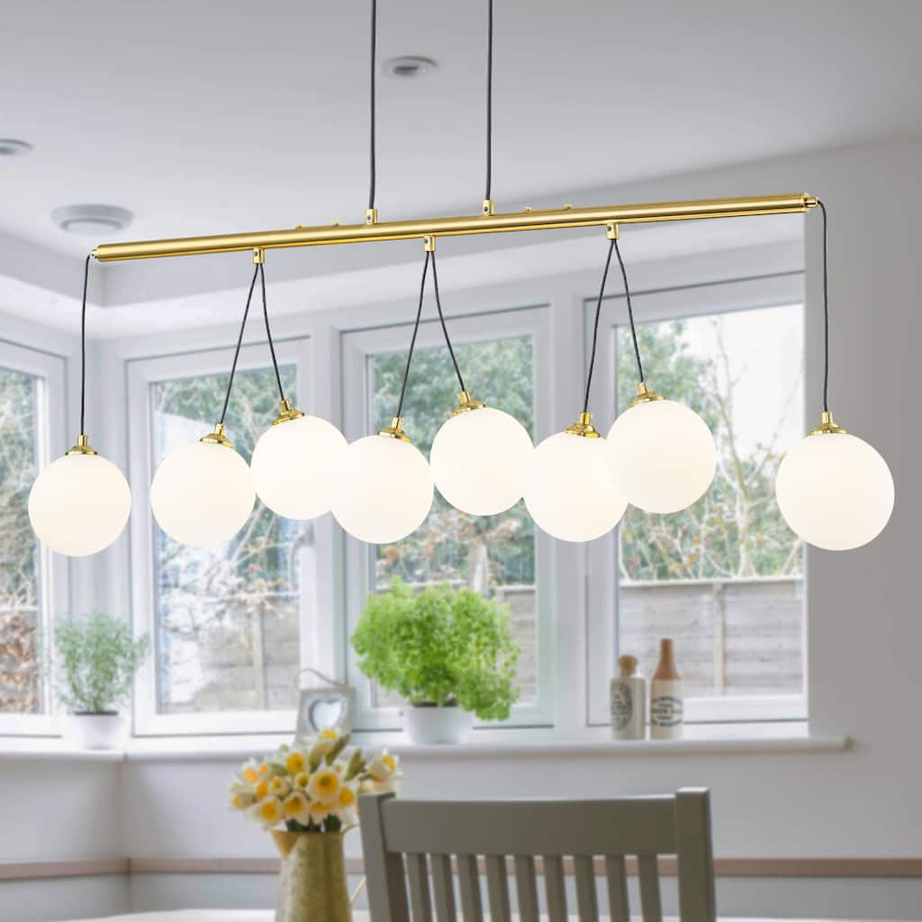 8-Light Gold Linear Kitchen Island Pendant Light Frosted Glass Globes - Dia.39.37-in
