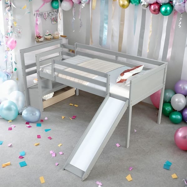 slide 2 of 18, Twin Size Multiple Functional Low Loft Bed with Stairs and Slide for Home Grey
