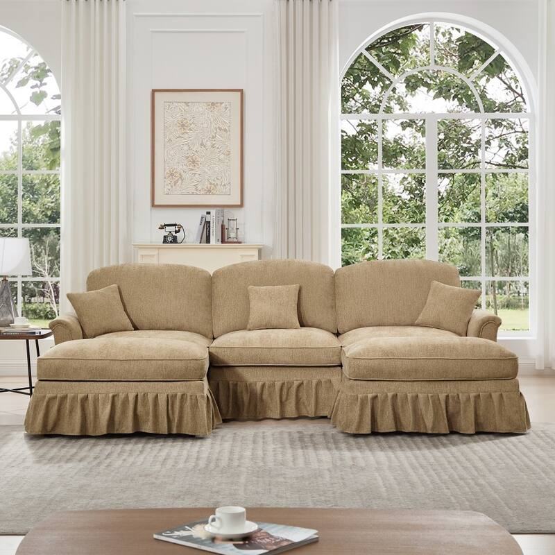 U-shaped Classic Modular Comfy Sectional Sofa with Ottomans & Ruffles Pleats Skirts - Light Coffee
