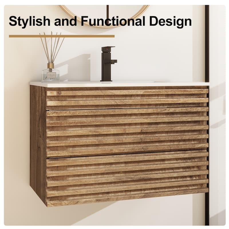 Wall Mounted Bathroom Vanity Set W/ Drop in Sink Mid-Century Cabinet Set