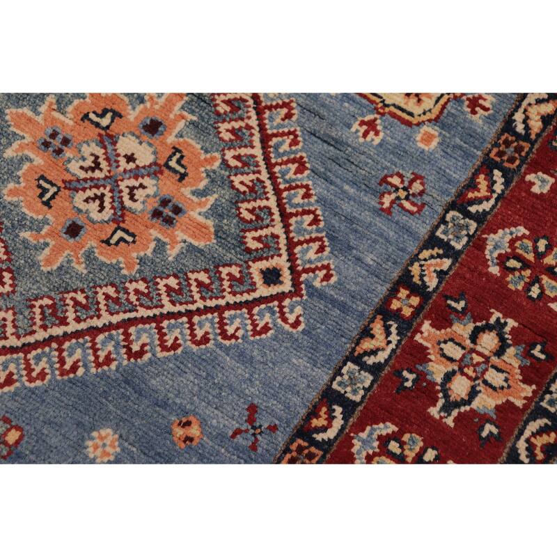Caucasian Super Kazak Kiara Light Blue/Red Hand Knotted Wool Runner - 2'11'' x 9'8''