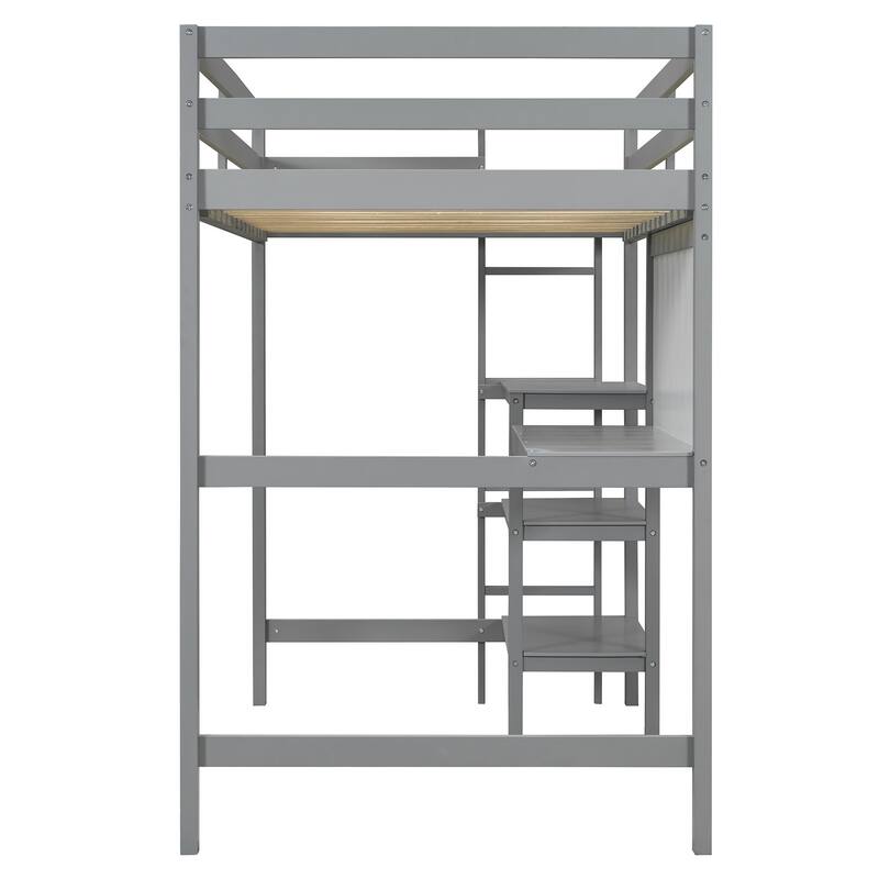 Twin Size Wooden Loft Bed with Built-In Desk, 3-Tier Shelves, Writing Board and Safety Guardrails, Space-Saving Design