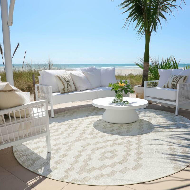 Machine Washable Indoor/ Outdoor Chantille Moroccan Boho Rug - Ivory - 8' x 8'
