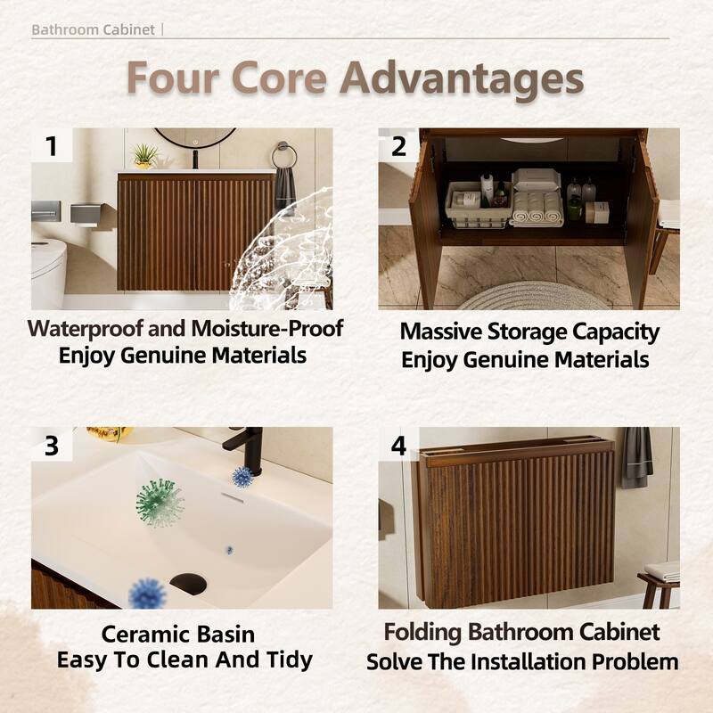 30 inch Walnut Folding Wall Cabinet With Creamic Sink- Patented 1-Minute Install, Space-Saving & Easy Assemble