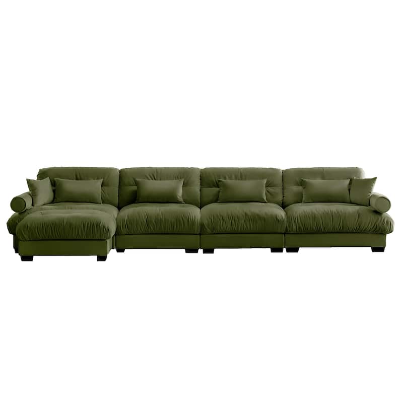 L Shaped Modular Sofa Convertible Deep Seat Sectional Couch w/Ottoman - Olive Green