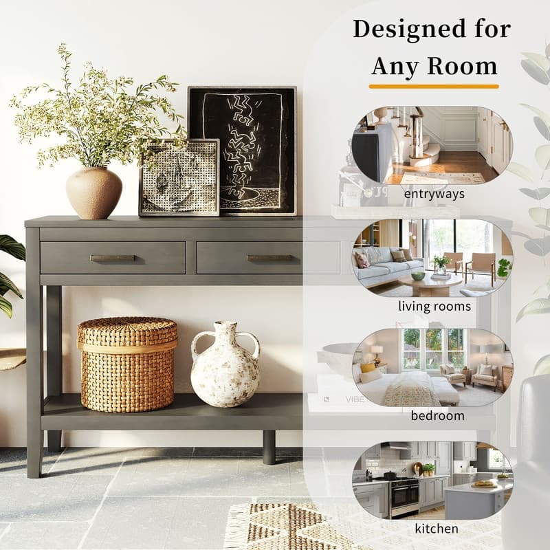 62.2" Modern Farmhouse Console Table with 3 Drawers & Open Shelf