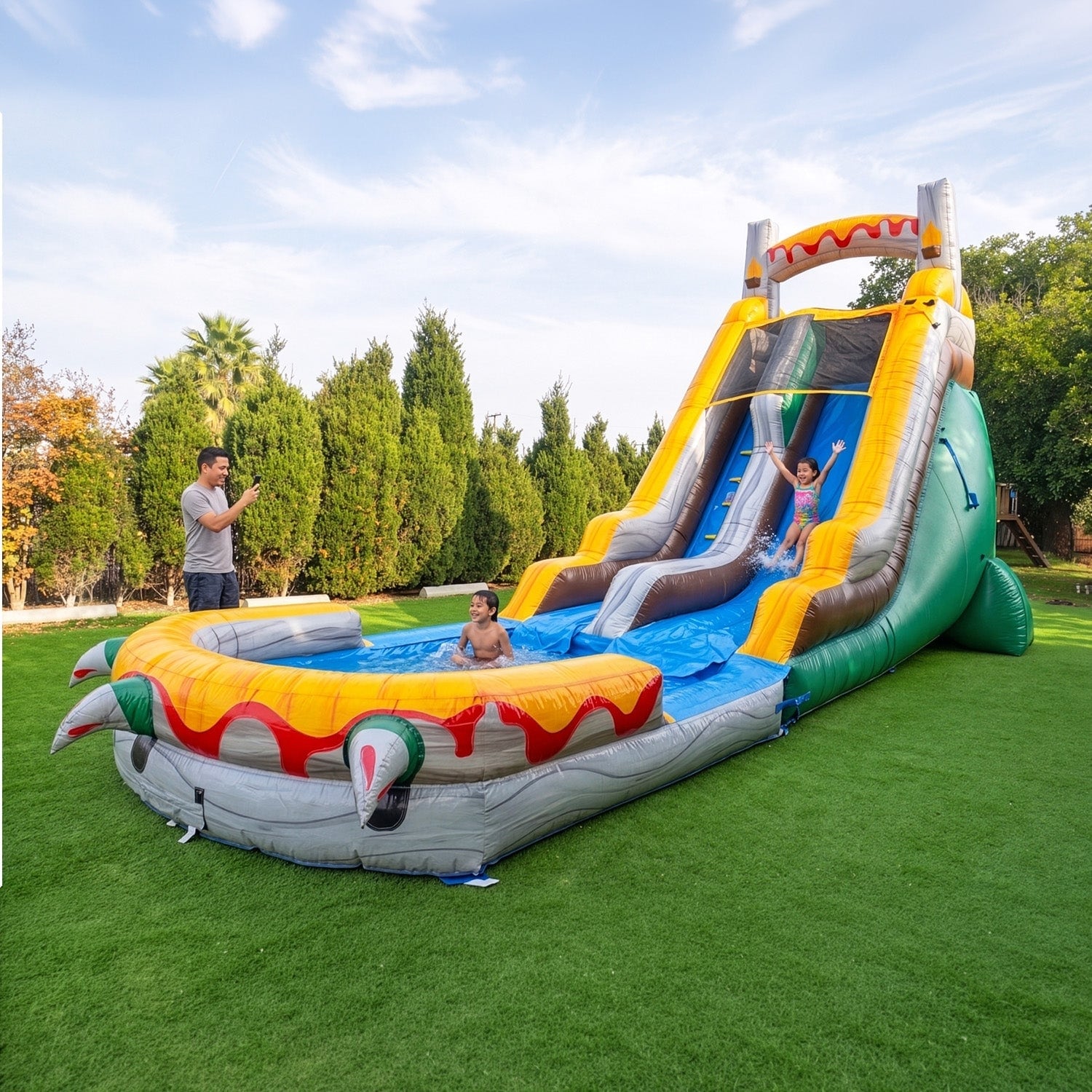 HeroKiddo T-Rex 18 FT Inflatable Water Slide with Detachable Pool, PVC Vinyl, Backyard Outdoor Dinosaur, Includes Blower