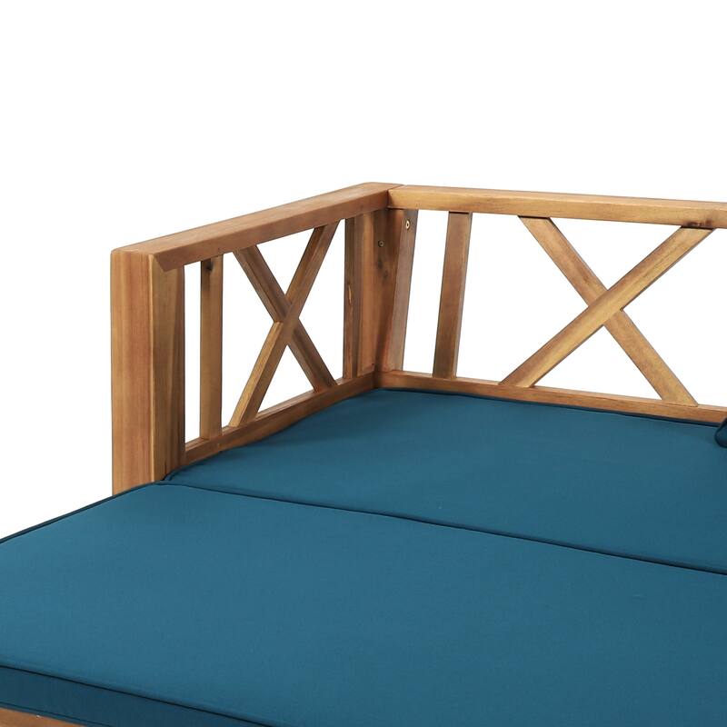 Outdoor 3-Seater Acacia Wood Sofa w/ Cushions, Extendable Patio Daybed