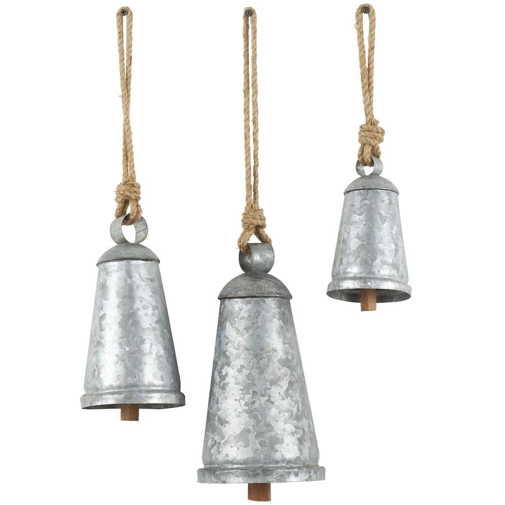 Metal Tibetan Inspired Decorative Cow Bells with Jute Hanging Rope - Set of 3 Silver, Black, Bronze, Red - Roche River Decor