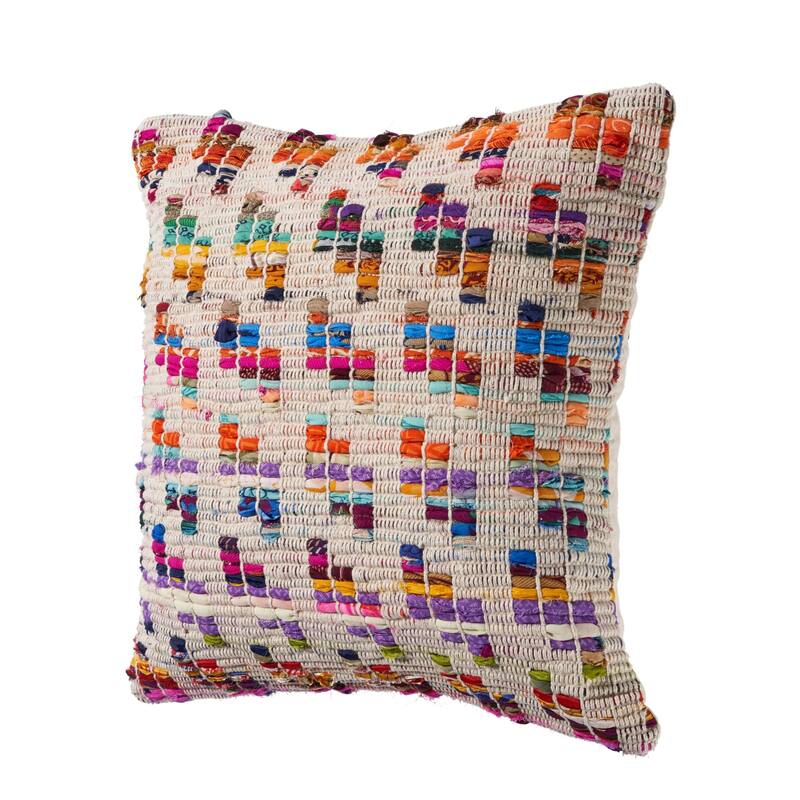 20" Beige and Pink Eclectic Chindi Square Throw Pillow