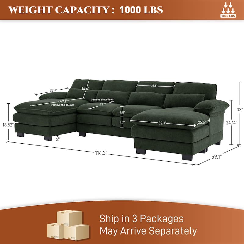 Ouyessir Soft Chenille Fabric U-shaped Sectional Sofa Set with Doudle Layer Cushion