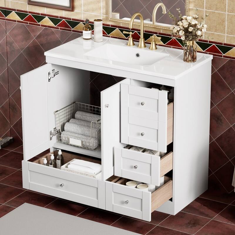 36" Bathroom Vanity with Ceramic Sink, 4 Soft-close Drawers and 2 Soft-close doors - White