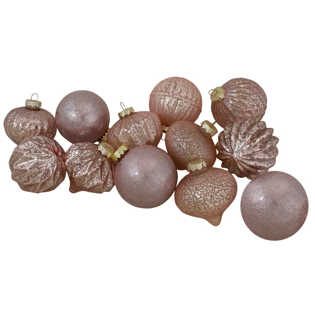 Finial and Glass Ball Christmas Ornaments - 3.25" - Blush Pink - Set of 12