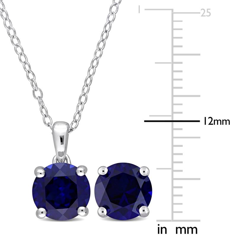 Miadora Created Blue Sapphire Two Piece Solitaire Necklace and Earrings Set in Sterling Silver