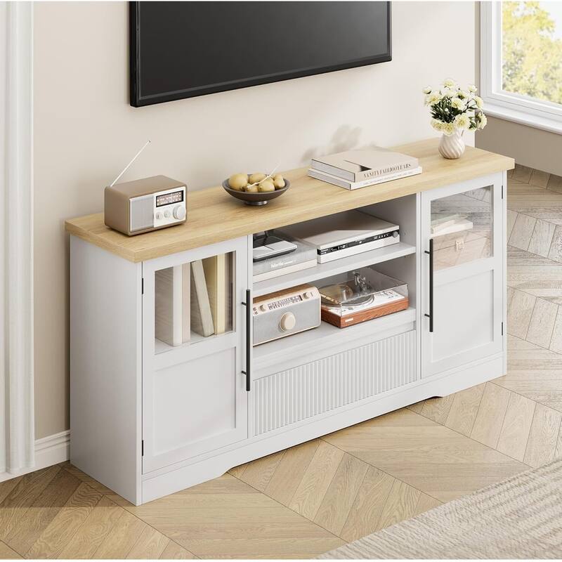 Retro TV Stand for 75 Inch TV Media Console with 2 Glass Cabinets & Open Shelves - N/A