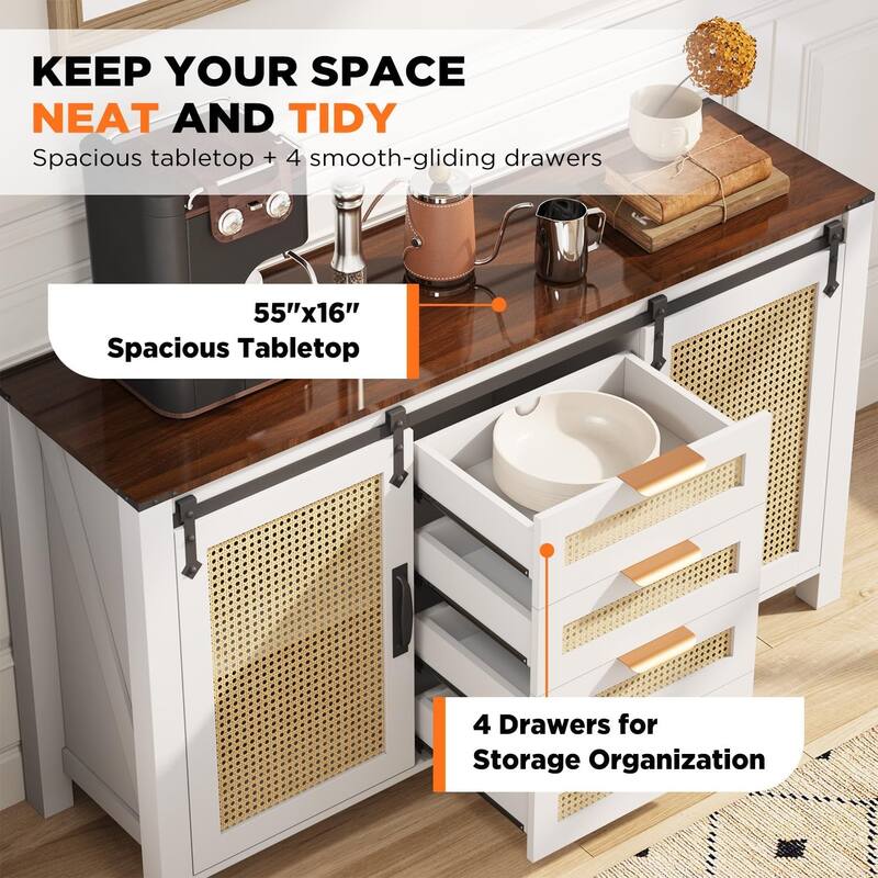 AECOJOY Rattan Sideboard Buffet Cabinet with Storage, Farmhouse Kitchen Cabinet w/Sliding Barn Doors & 4 Drawers