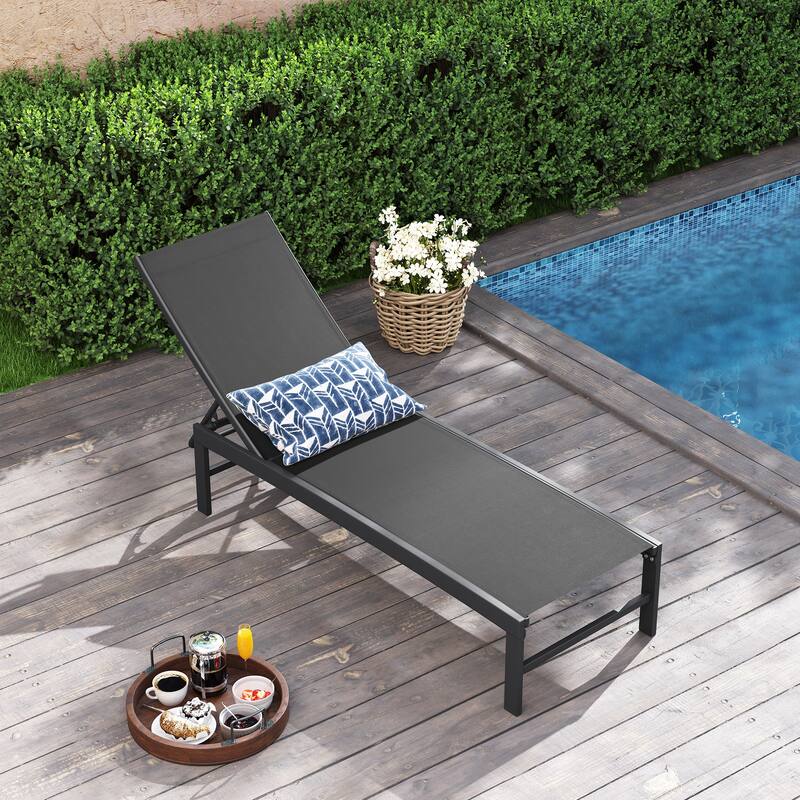 VredHom Aluminum Adjustable Outdoor Chaise Lounge Chair - 60.4 in L * 24.6 in W * 16.1/40.8 in H - Black