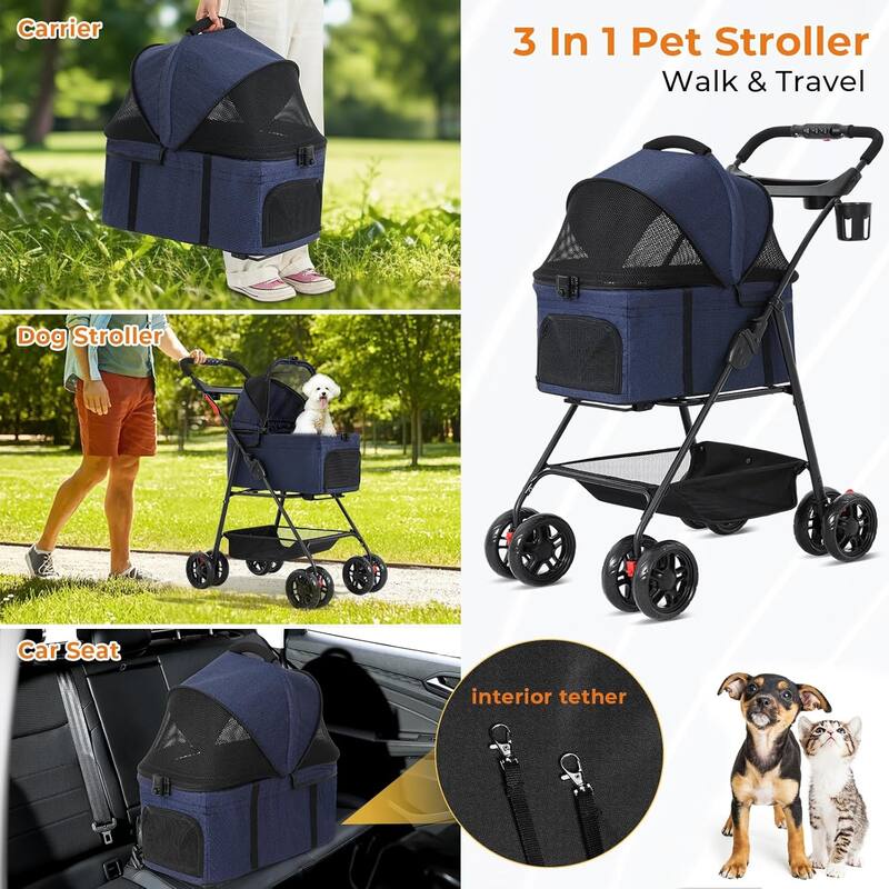 3 in1 Folding Dog/Cat Stroller for Medium Small Pets