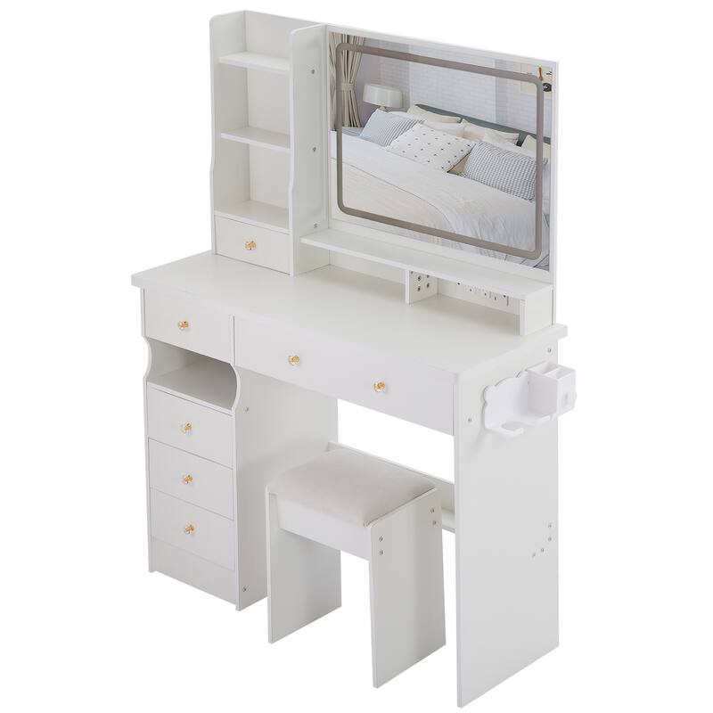 Large Size Left Drawer Dresser Set with Cushioned Stool, Power Station and LED Mirror