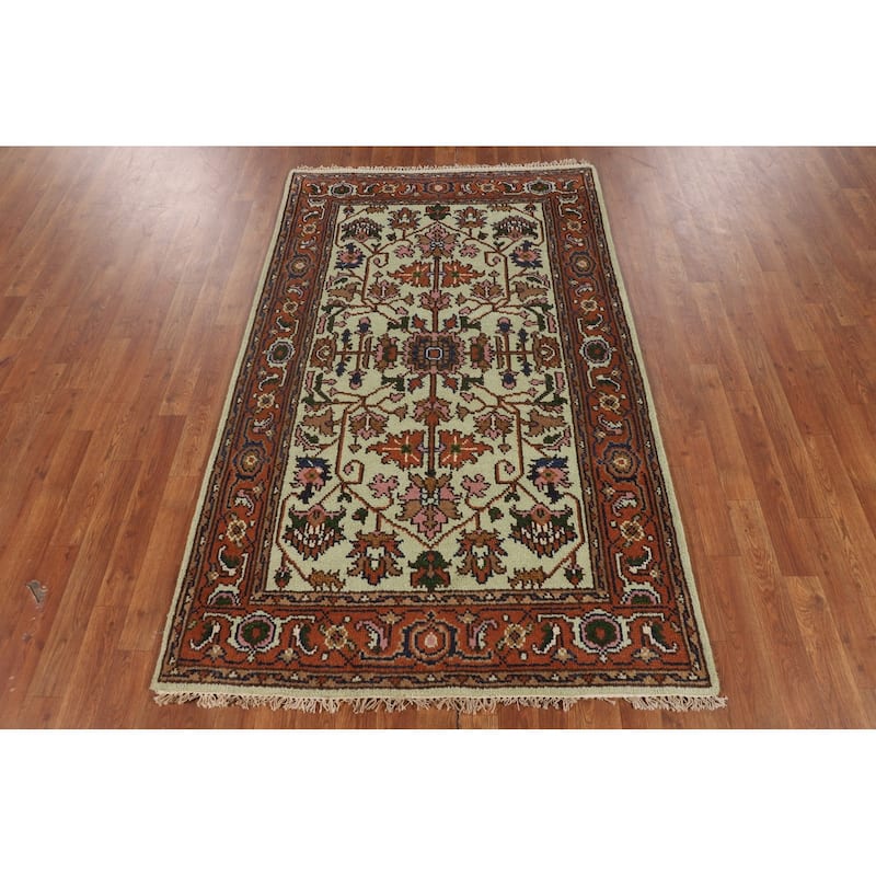 Light Green Heriz Serapi Indian Accent Rug Handmade Wool Carpet - 3'10" X 6'3"