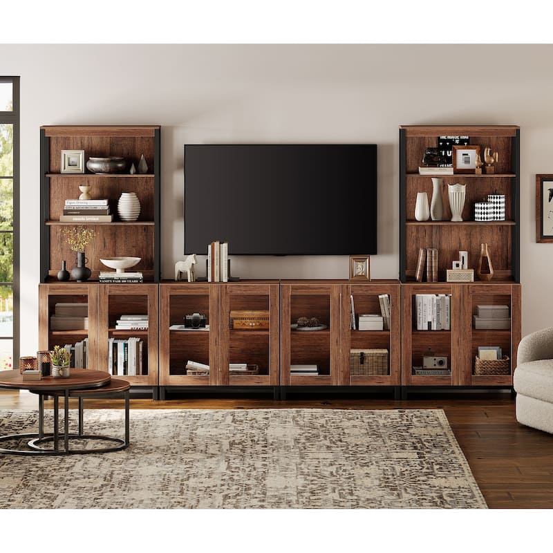 Modern TV Stand with 3 Tiers Bookshelf,Wooden Media TV Console with Glass Doors for Living Room