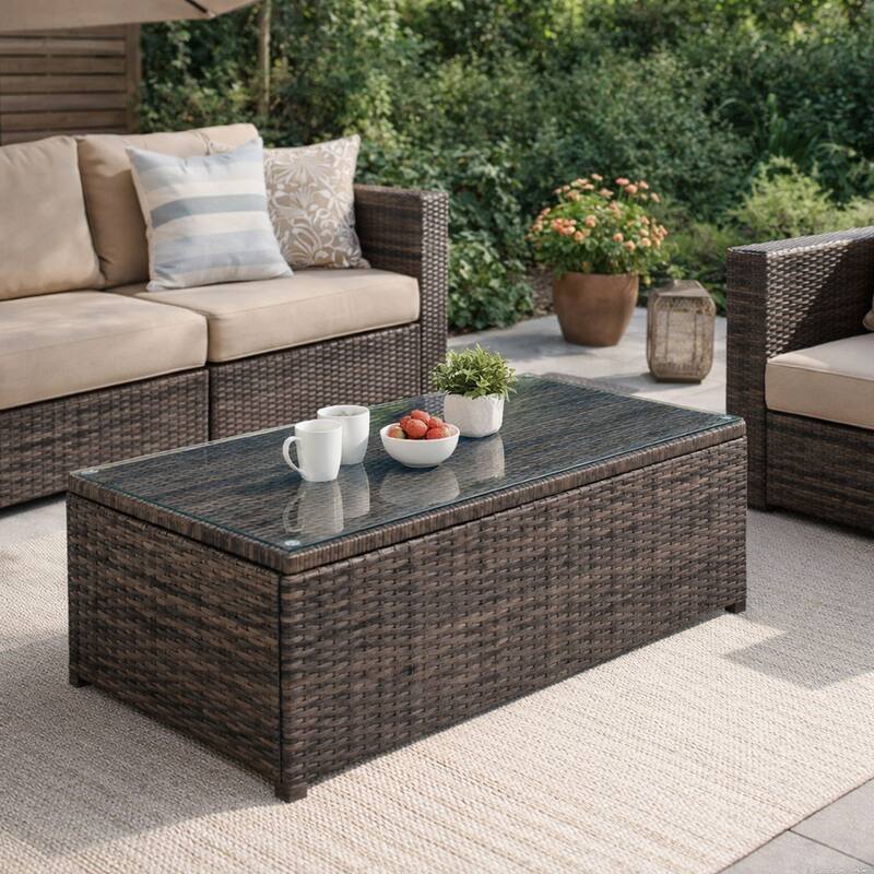 Rectangular Faux Rattan and Aluminum Coffee Table with Glass Top, Brown