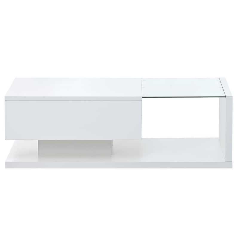 Modernist Glass & High-Gloss Wood Coffee Table with Drawer, 2-Tier Rectangular Center Table for Living Room