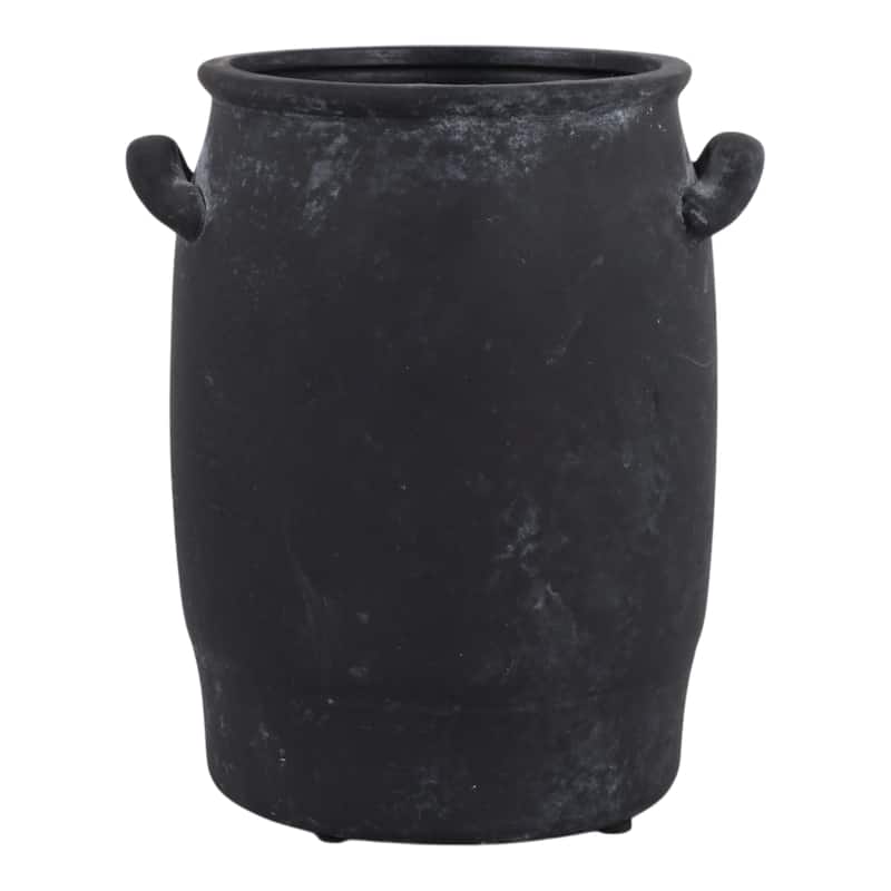 Ceramic Table Vase Rustic Handles Textured Artisan Decorative Accent - Black - 7" x 6" x 8.25"