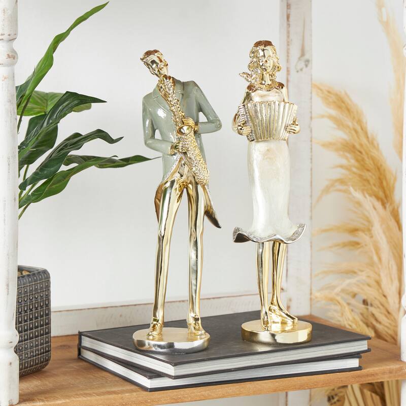 Gold Resin Musician Decorative Sculpture with Accordion and Saxophone (Set of 2) - Gold