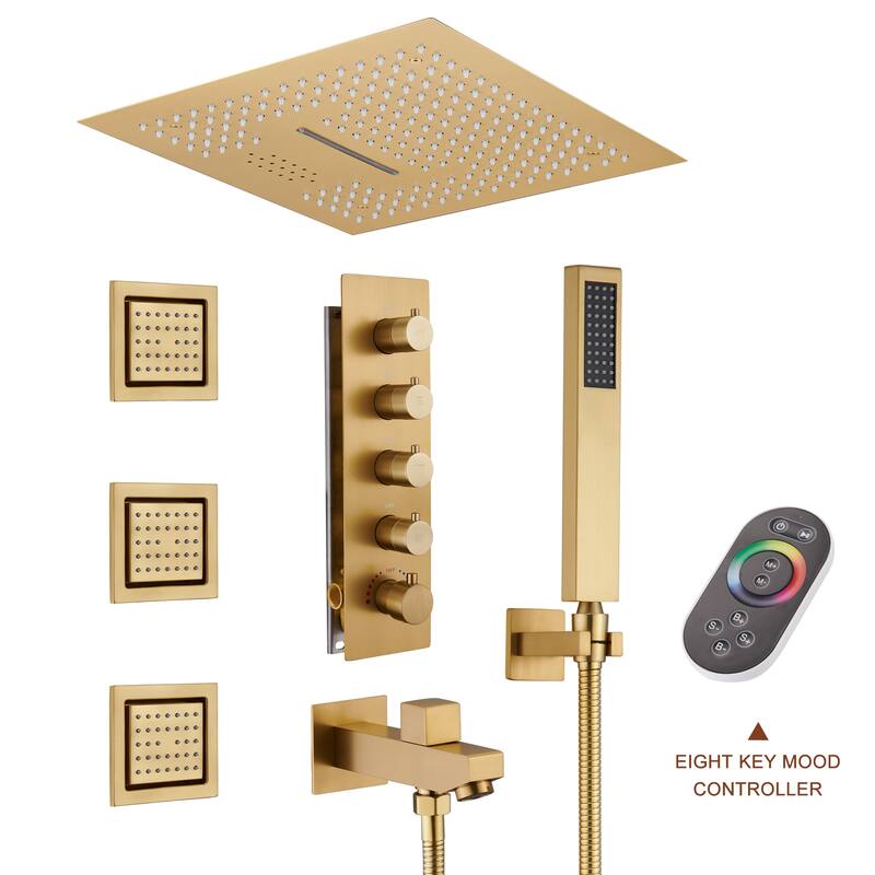64 Colors LED Light and Music 4 Functions 5 Sprays Ceiling Mounted Thermostatic Shower System - Brushed Gold