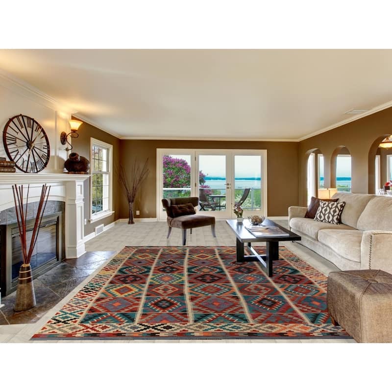 Southwestern / Geometric Kilim Oriental Area Rug Flatweave Wool Carpet - 8'7"x 11'5"
