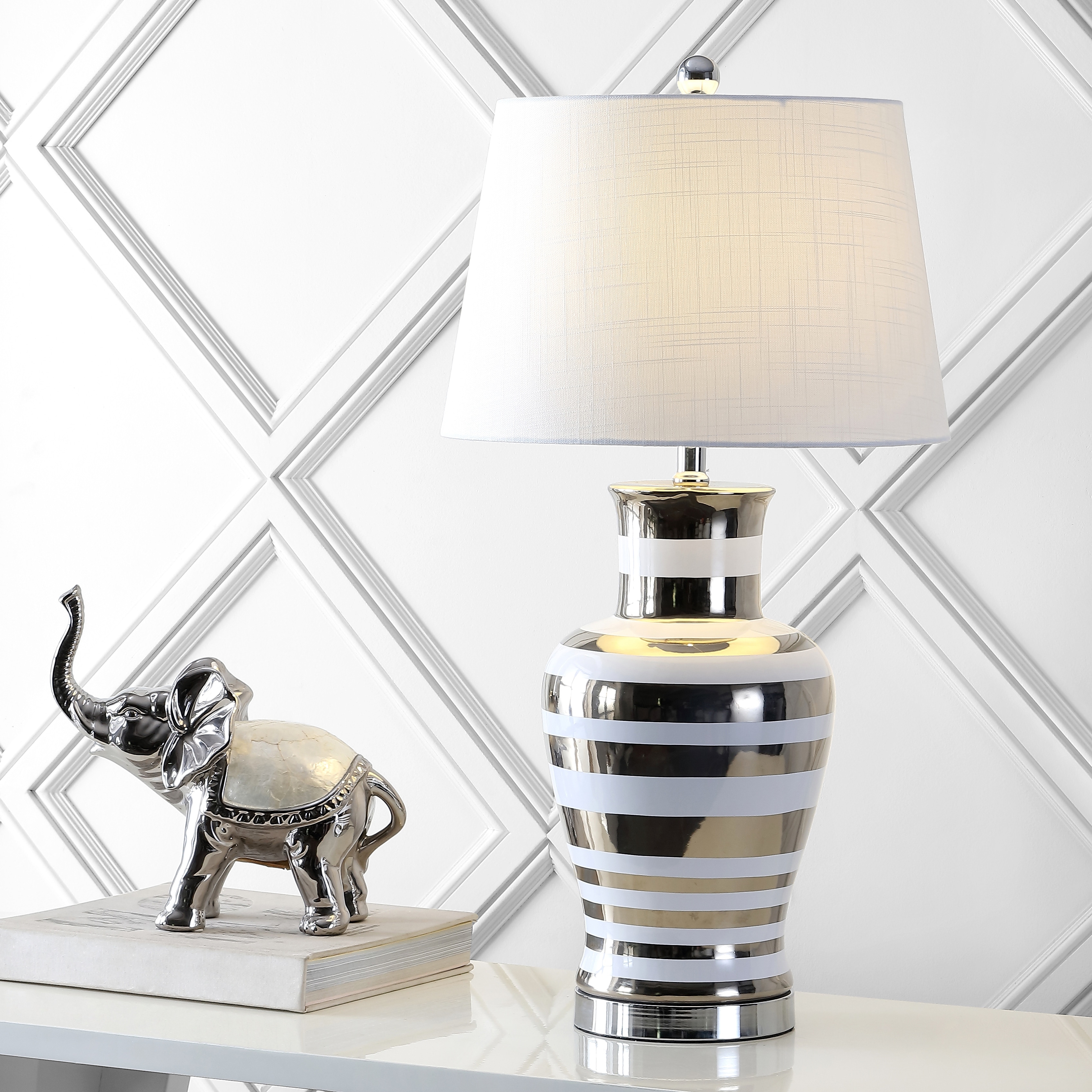 JONATHAN Y Naiyou Striped 28.75" Ceramic/Iron Classic Modern LED Table Lamp, Silver