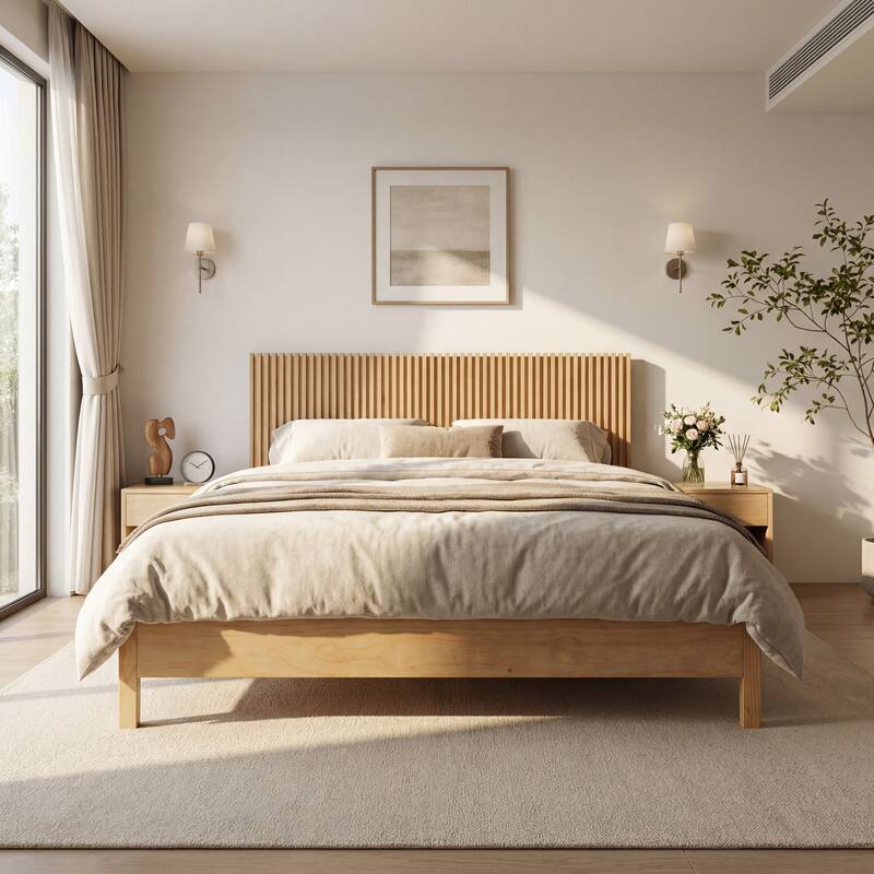 Christopher Knight Home - Adelynn Modern Wood Platform Bed with Vertical Slat Headboard, No Box Spring Needed - Light Brown - Queen