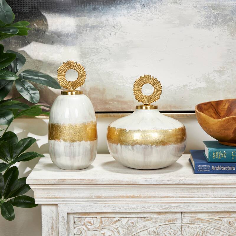 White or Blue Metal Decorative Jars with Ring Handles (Set of 2) - White