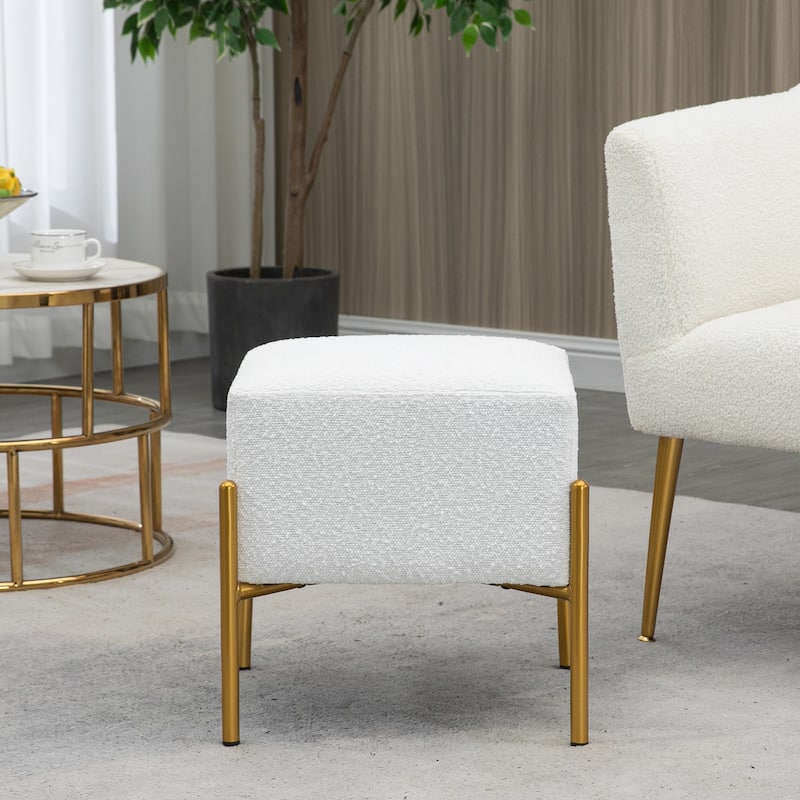 Aysha White Boucle Ottoman with Gold Accent Legs