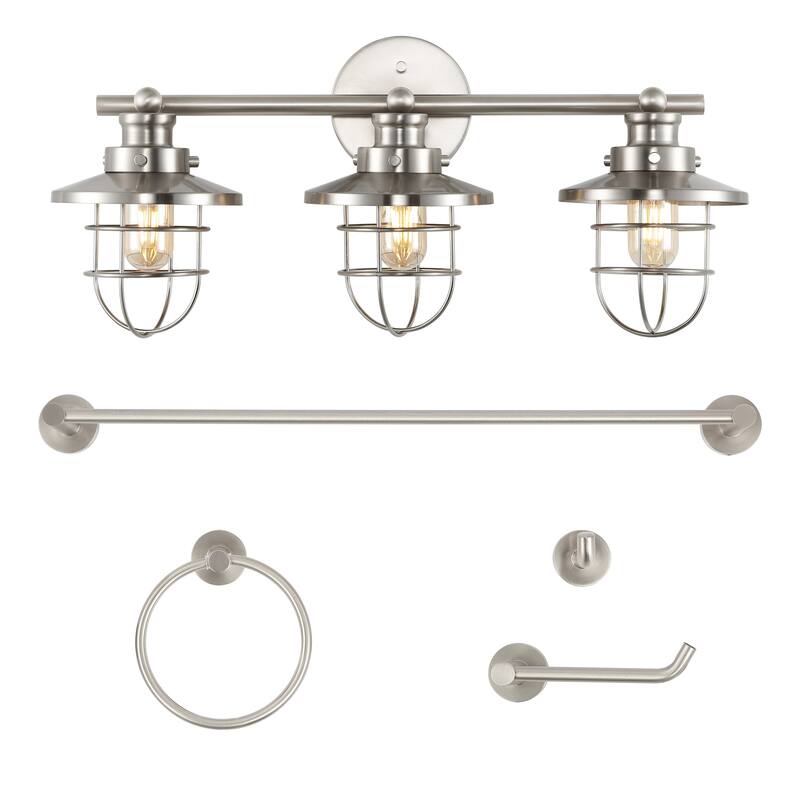 Hollis 24" 3-Light Industrial Farmhouse Vanity Light with Bathroom Hardware Accessory Set, (5-Piece) by JONATHAN Y - Brushed Nickel