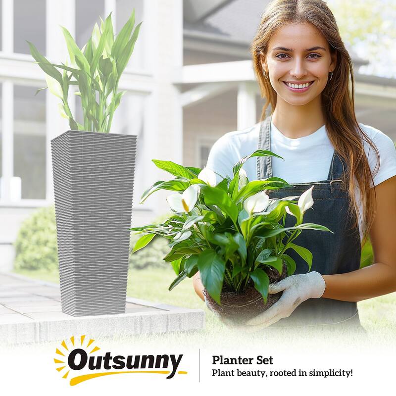 Outsunny 32 Inch Tall Planters for Outdoor Plants, Set of 2 Plastic Rattan-Like Flower Pots with Drainage Holes