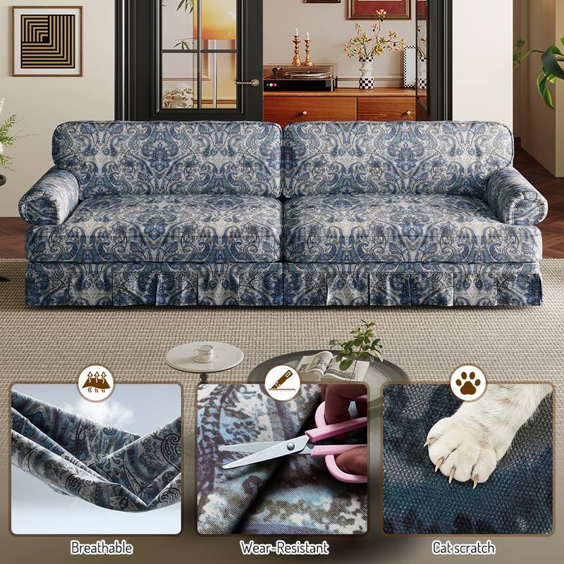 Living Room Sofa 74"/93.7" Classic Rolled Arms Couch with Pleated Skirt Design, Mid-Century Upholstered Sectional Couch