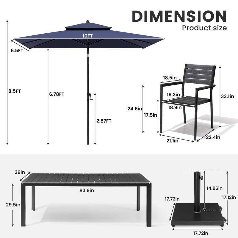 9/11-Piece Patio Dining Set Aluminum Dining Table and Chairs w/10 ft Market Umbrella and Base with Wheels