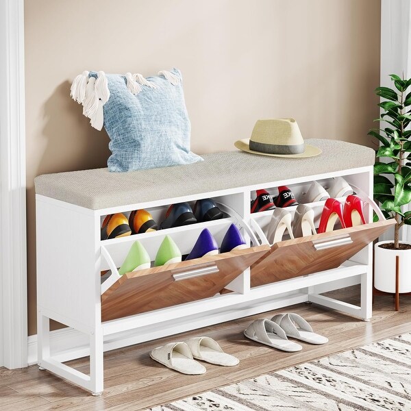 Shoe Storage Bench with Cushion, Entryway Shoe Bench with 2 Flip