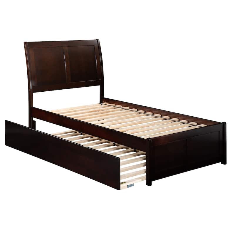 Platform Bed with Trundle - Twin Size, Walnut Finish - Modern Bedroom Furniture Set with Footboard