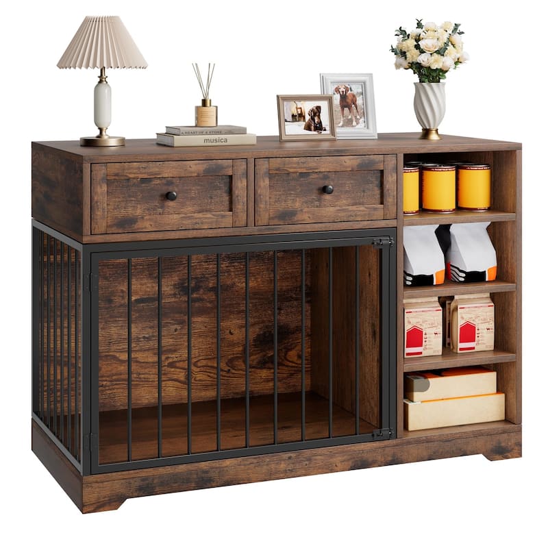 Dog Crate Furniture with Drawers, Shelves, End Table Design - Brown