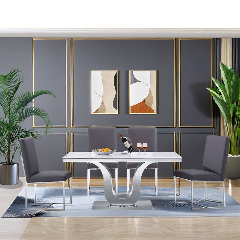 Dining Room Chairs in Grey PU Leather and Mirrored Silver Metal Legs