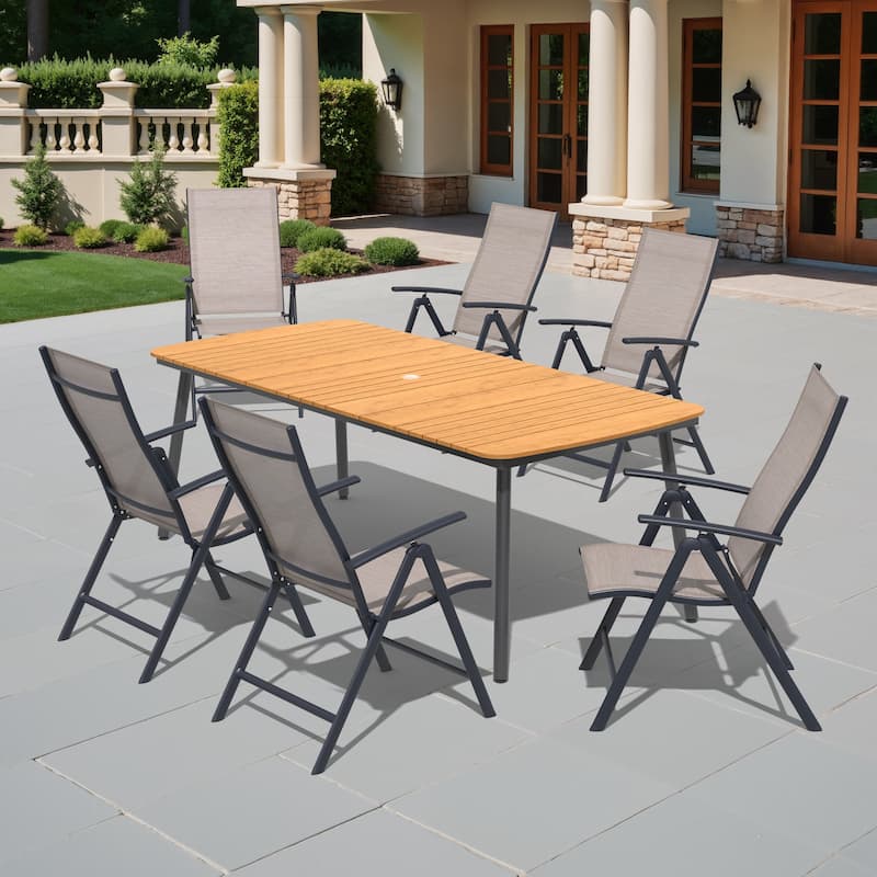 7/9PCS Outdoor Patio Dining Set Rectangular Aluminum Table with Folding Dining Chair - Set of 7-Espresso-81.5 inches
