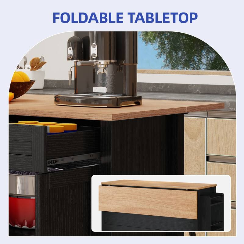 Moasis 50 Inch Drop Leaf Rolling Kitchen Island With Trash Can Storage Cabinet And Drawer